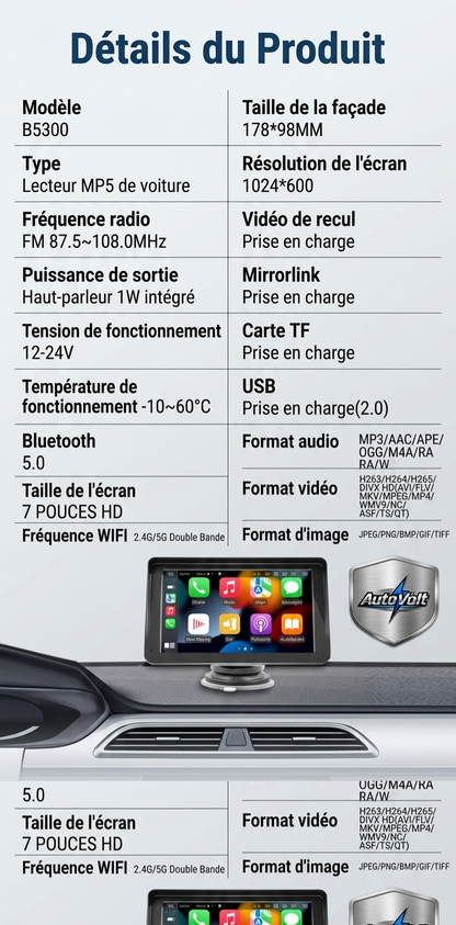 Auto Volt - Écran CarPlay & Auto 7" HD | Connectivité Intelligente Universelle & Caméra de Recul ( Optionnel)