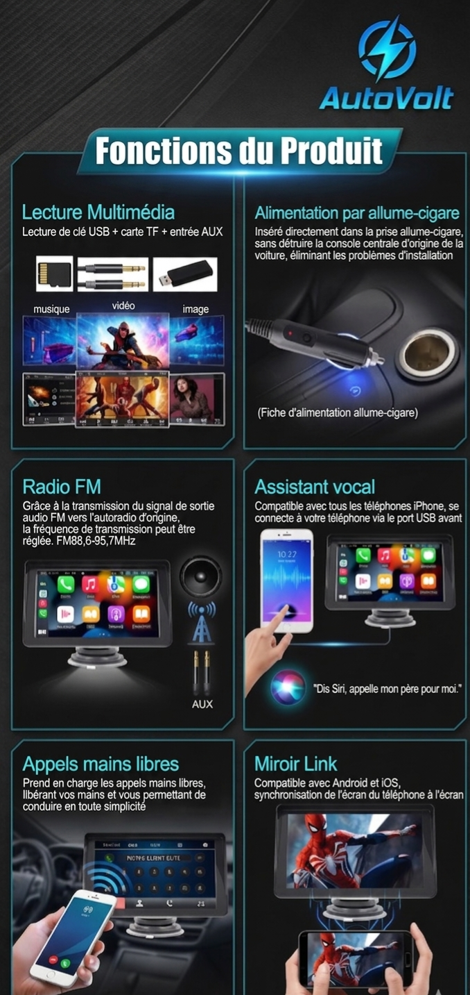 Auto Volt - Écran CarPlay & Auto 7" HD | Connectivité Intelligente Universelle & Caméra de Recul ( Optionnel)