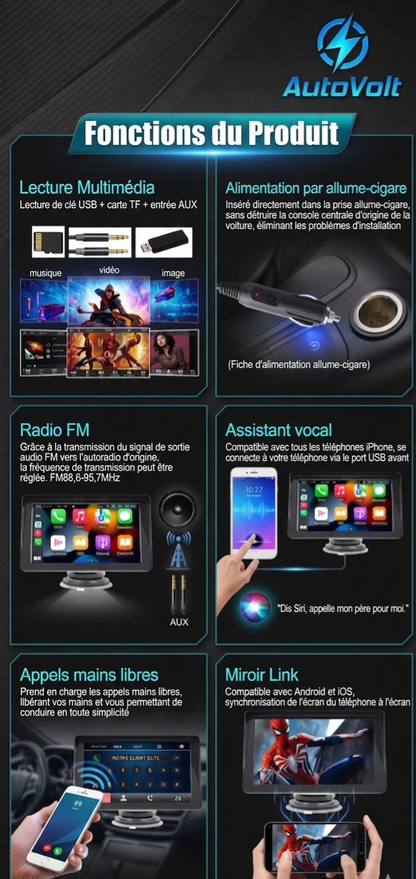 Auto Volt - Écran CarPlay & Auto 7" HD | Connectivité Intelligente Universelle & Caméra de Recul ( Optionnel)