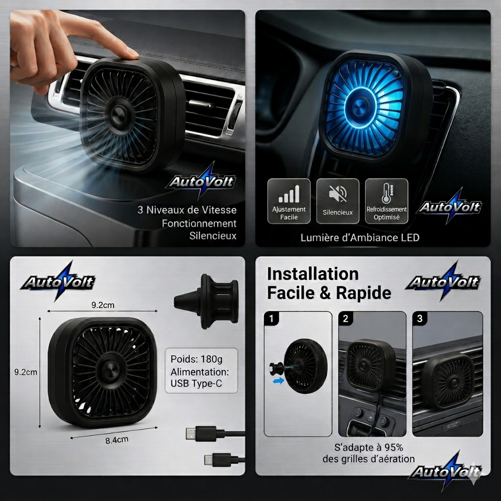 AutoVolt mini ventilateur USB de voiture – 3 vitesses, LED multicolore, climatisation compacte