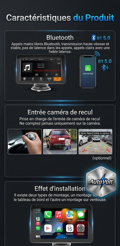 Auto Volt - Écran CarPlay & Auto 7" HD | Connectivité Intelligente Universelle & Caméra de Recul ( Optionnel)