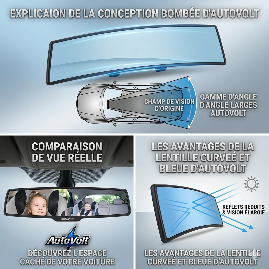 Rétroviseur AutoVolt Convexe Grand Angle, Anti-Éblouissement, Miroir Bébé de Voiture Panoramique